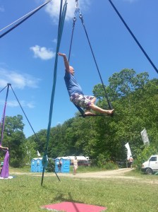 Denis is more nervous on the trapeze than I am, but he still got both hands off the ropes.