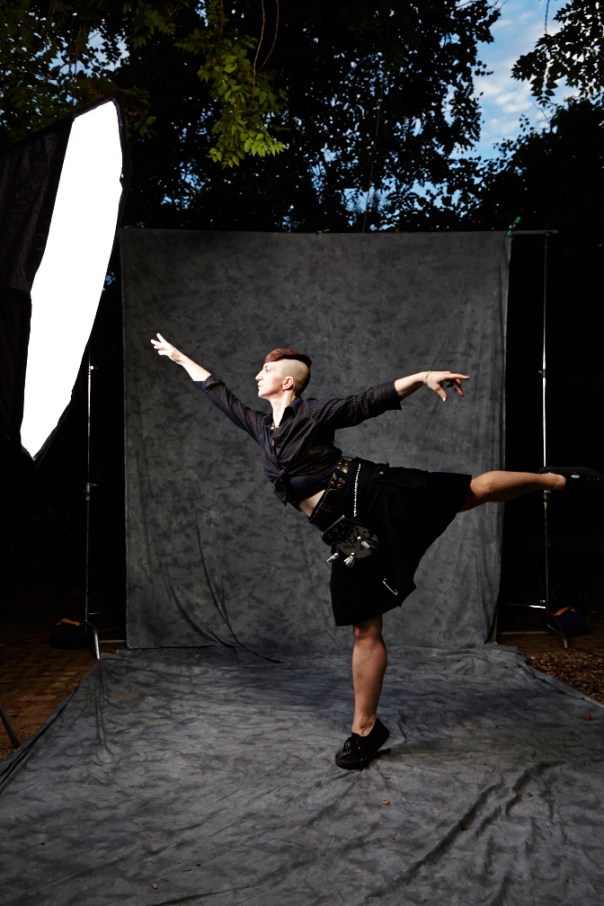 Asher in arabesque at Burn Voyage, 2015.  Photo by Marge Ely.