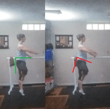 Two images of the same dancer during a balance placed side-by-side with lines indicating the angle of his pelvic tilt.